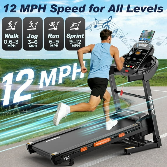 FaayFian 5.0 HP Folding Treadmill with 20-Level Adjustable Incline, 12mph Speed Running Machine,Treadmill 400 lb Capacity, Silent Brushless Motor,105 Preset Training Program Electric Treadmills for Home Use