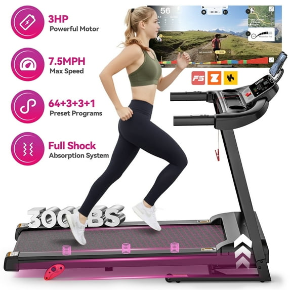 Campmoy 3HP Foldable Incline Treadmill with 300LBS Weight Capacity, 71 Preset Programs, APP Control, 7.5MPH Portable Treadmill, Walking Machine for Home Jogging Walking