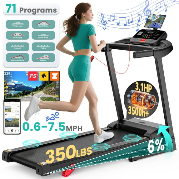 MAJUNES 3.1HP Folding Treadmill, Electric Treadmill for Home 310LBS Capacity, Running Machine Fitness, 6% Manual Incline, APP Control, 71 Programs, Shock Absorption, 0.6-7.5MPH, Home&Office