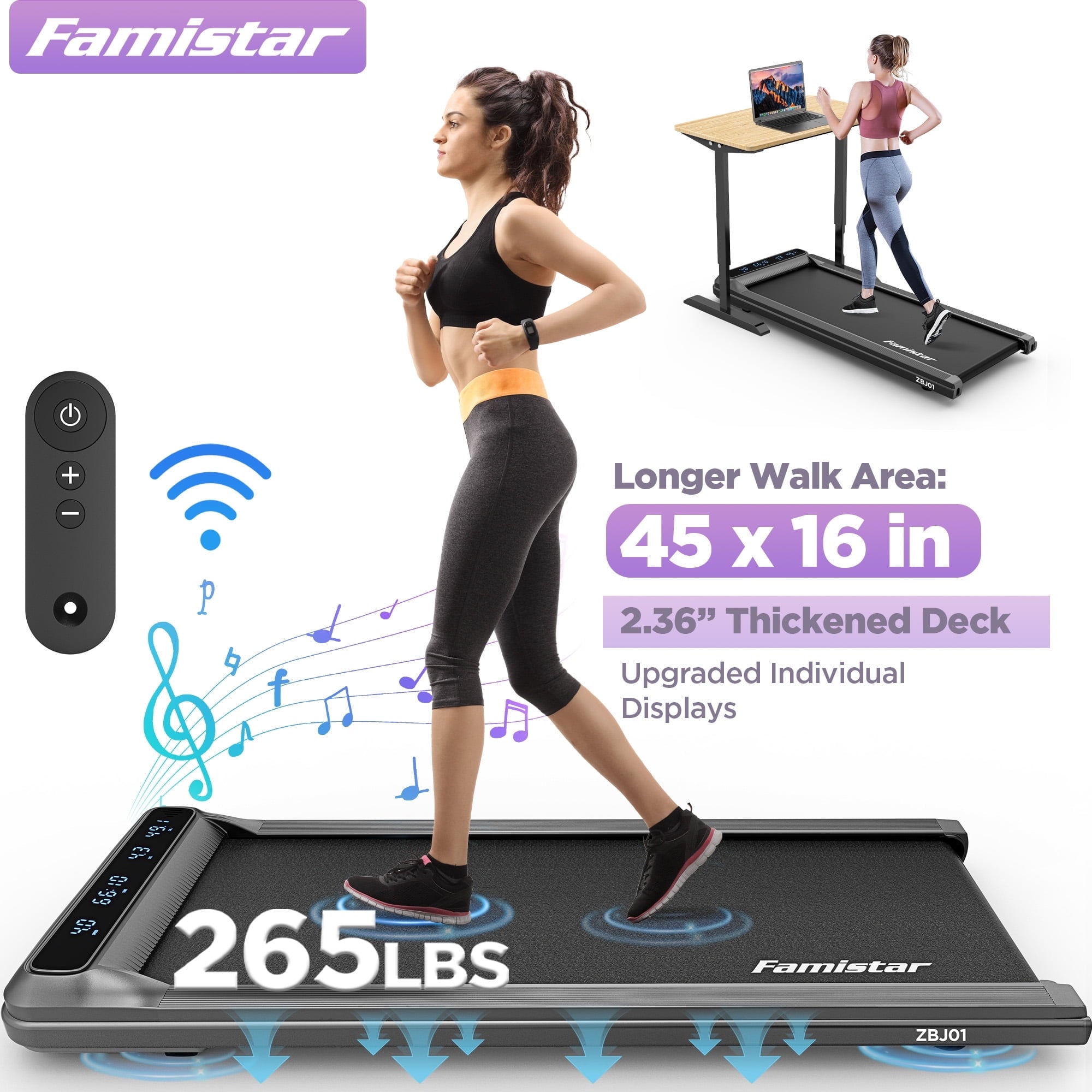 Famistar 2.5HP Treadmill Walking Pad, Famistar 2-in-1 Portable Electric Exercise Treadmill, Under Desk Treadmill with Remote Control, 265LB Capacity, HiFi Bluetooth Speaker, 0.5-4Mph Speed, for Home & Office