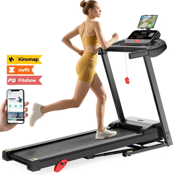 Campmoy 2.75 HP Treadmill with Incline, Running Treadmills for Home, Wide Folding Treadmill with Handle Bars, Speaker, 300 lb Weight Capacity, 64 Programs Bluetooth, LED Display, APP Control, Knee Gift