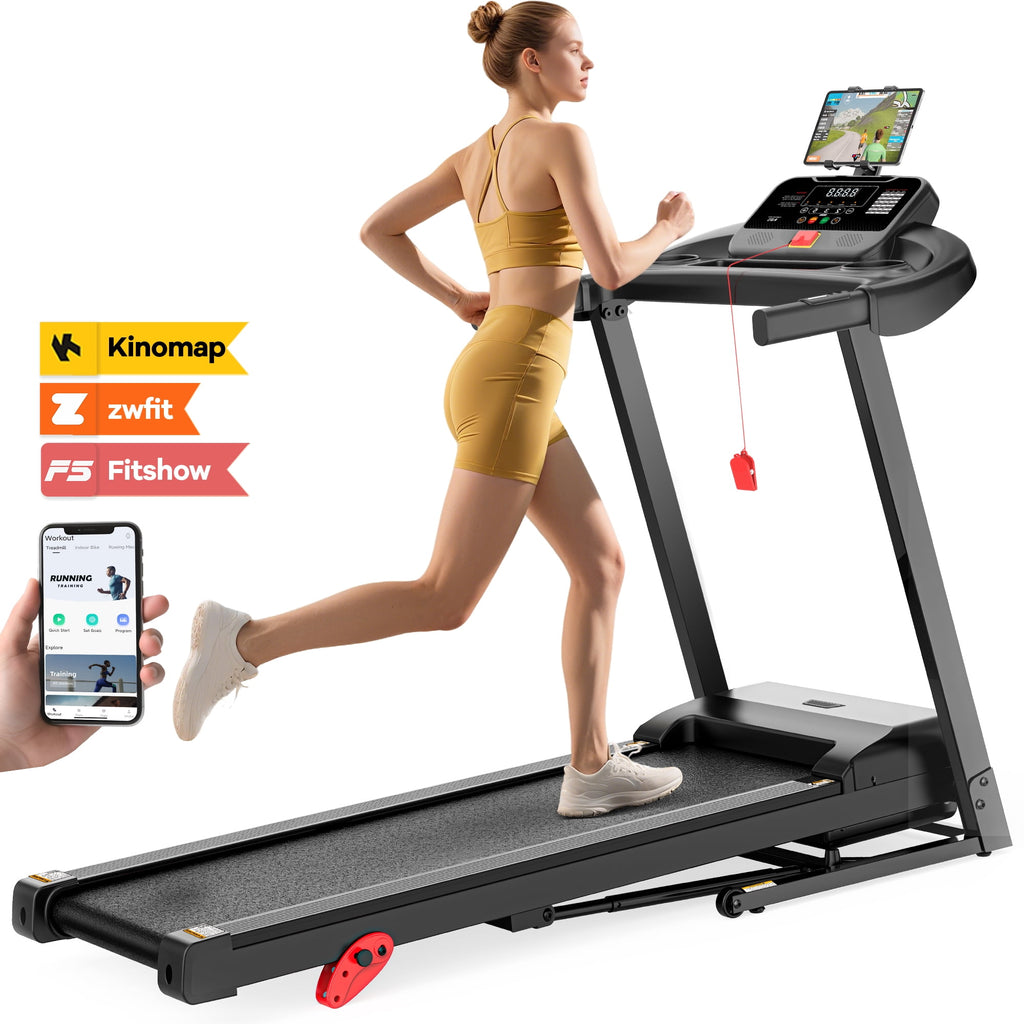 Campmoy 2.75 HP Treadmill with Incline, Running Treadmills for Home, Wide Folding Treadmill with Handle Bars, Speaker, 300 lb Weight Capacity, 64 Programs Bluetooth, LED Display, APP Control, Knee Gift