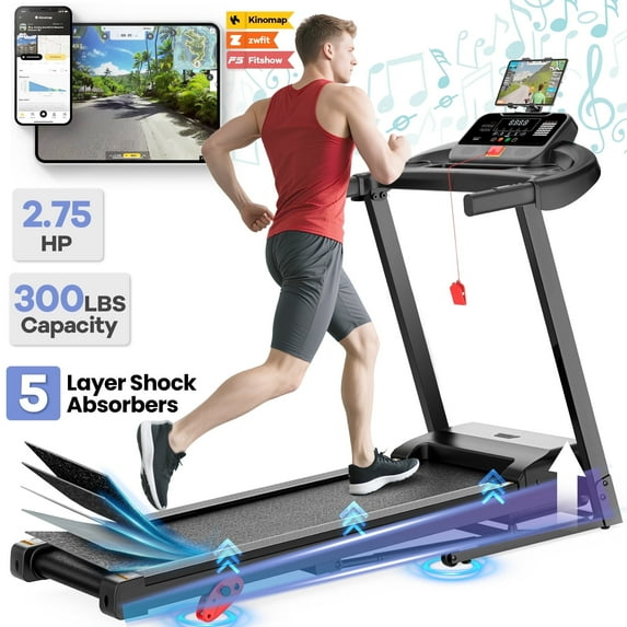 Campmoy 2.75HP Foldable Treadmill w/ Incline, 300lbs Capacity Treadmill for Home with 64+7 Preset Programs, Smart APP Control, Dual Shock-Absorbent Deck, Portable Treadmill