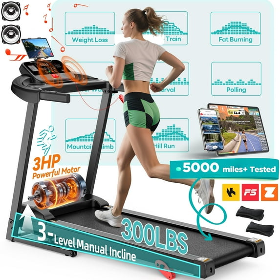 Qvamodo Folding Electric Treadmill for Home, Compact Running Machine with 3HP Motor, 300 Lbs Capacity, 3-Level Adjustable Incline, Up to 7.5 MPH, Quiet Brushless Motor, 64 Preset Programs, Space-Saving Fitne
