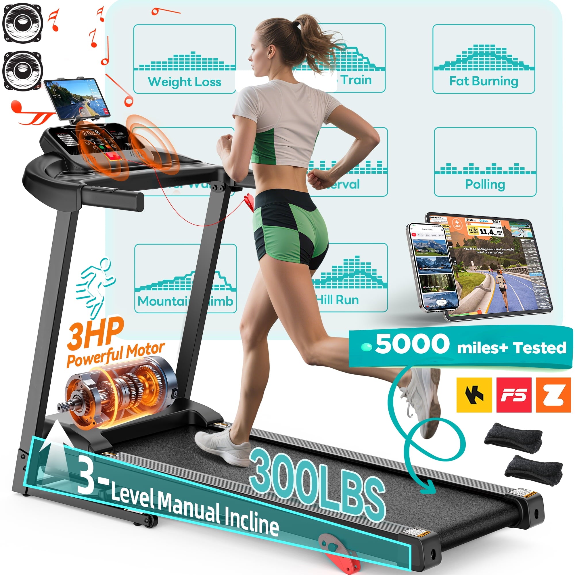 Qvamodo Folding Electric Treadmill for Home, Compact Running Machine with 3HP Motor, 300 Lbs Capacity, 3-Level Adjustable Incline, Up to 7.5 MPH, Quiet Brushless Motor, 64 Preset Programs, Space-Saving Fitne