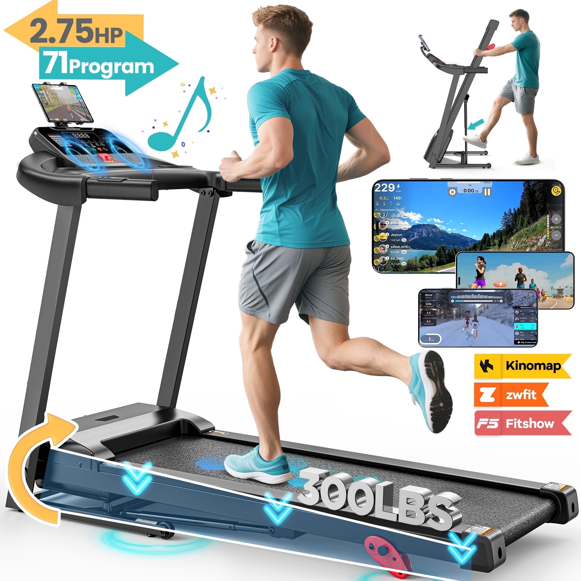 Campmoy 2.75HP Folding Treadmill with 300lb Capacity, 3 Adjustable Incline, 64+6+1 Program, Smart APP Connection, Bluetooth HiFi Stereo Speakers, 7.5MPH Portable Treadmill for Home Jogging walking