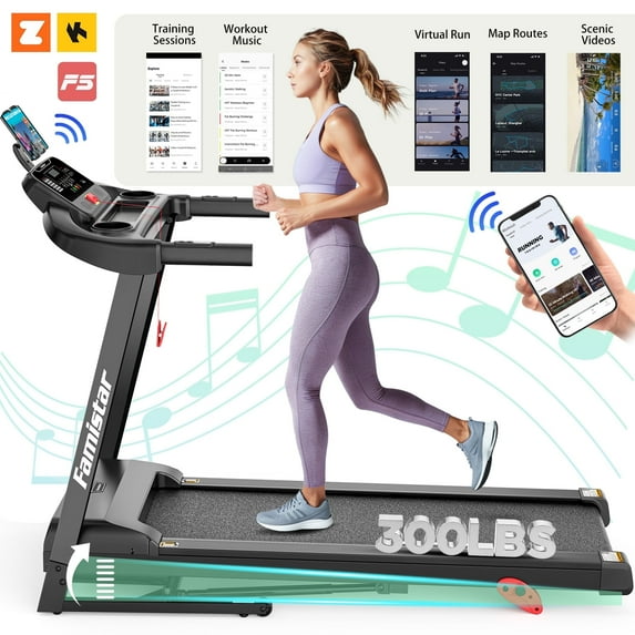 Campmoy 3.75HP Folding Treadmill with 300lbs Capacity, 71 Programs Treadmill for Home, 3 Adjustable Incline, 7.5MPH Speed, Intelligent APP control, Silent Brushless Motor, Bluetooth & HiFi Stereo Speakers