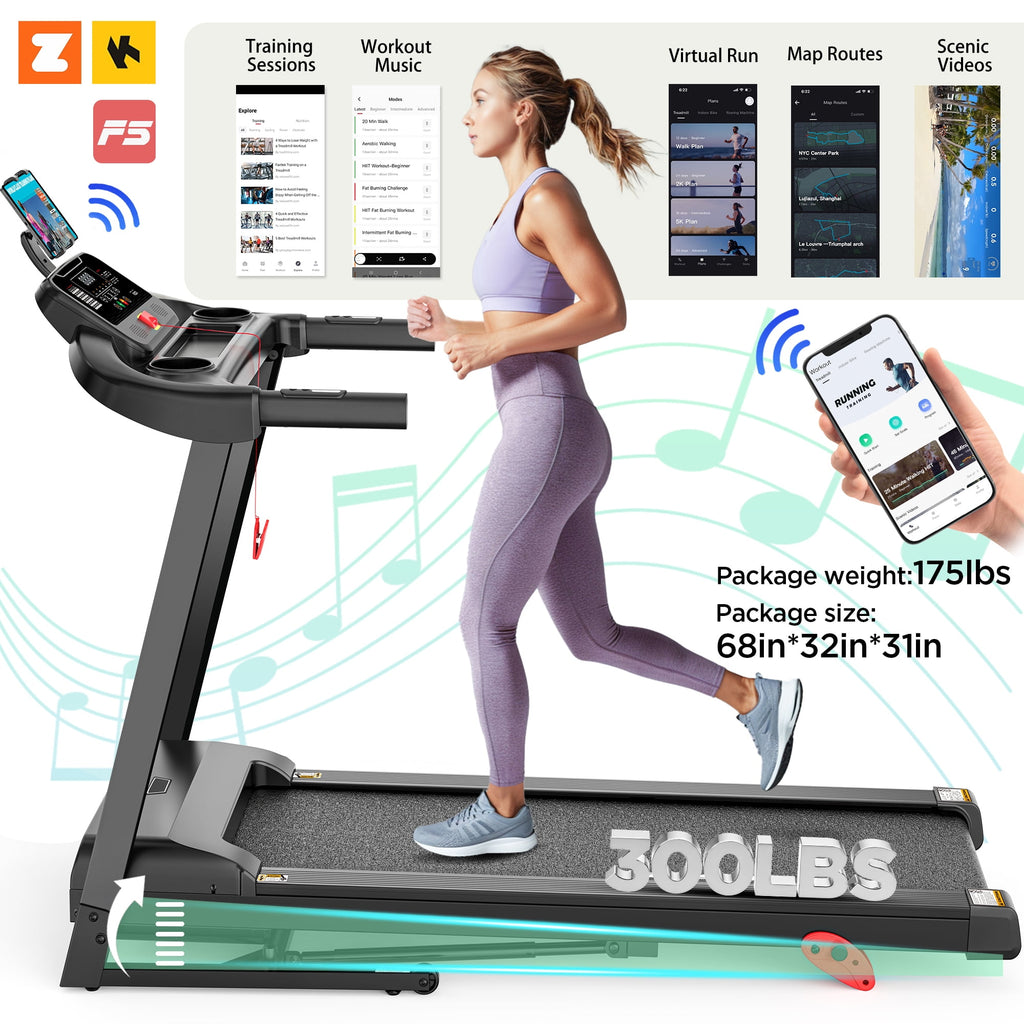 Campmoy 3.75HP Folding Treadmill with 300lbs Capacity, 71 Programs Treadmill for Home, 3 Adjustable Incline, 7.5MPH Speed, Intelligent APP control, Silent Brushless Motor, Bluetooth & HiFi Stereo Speakers