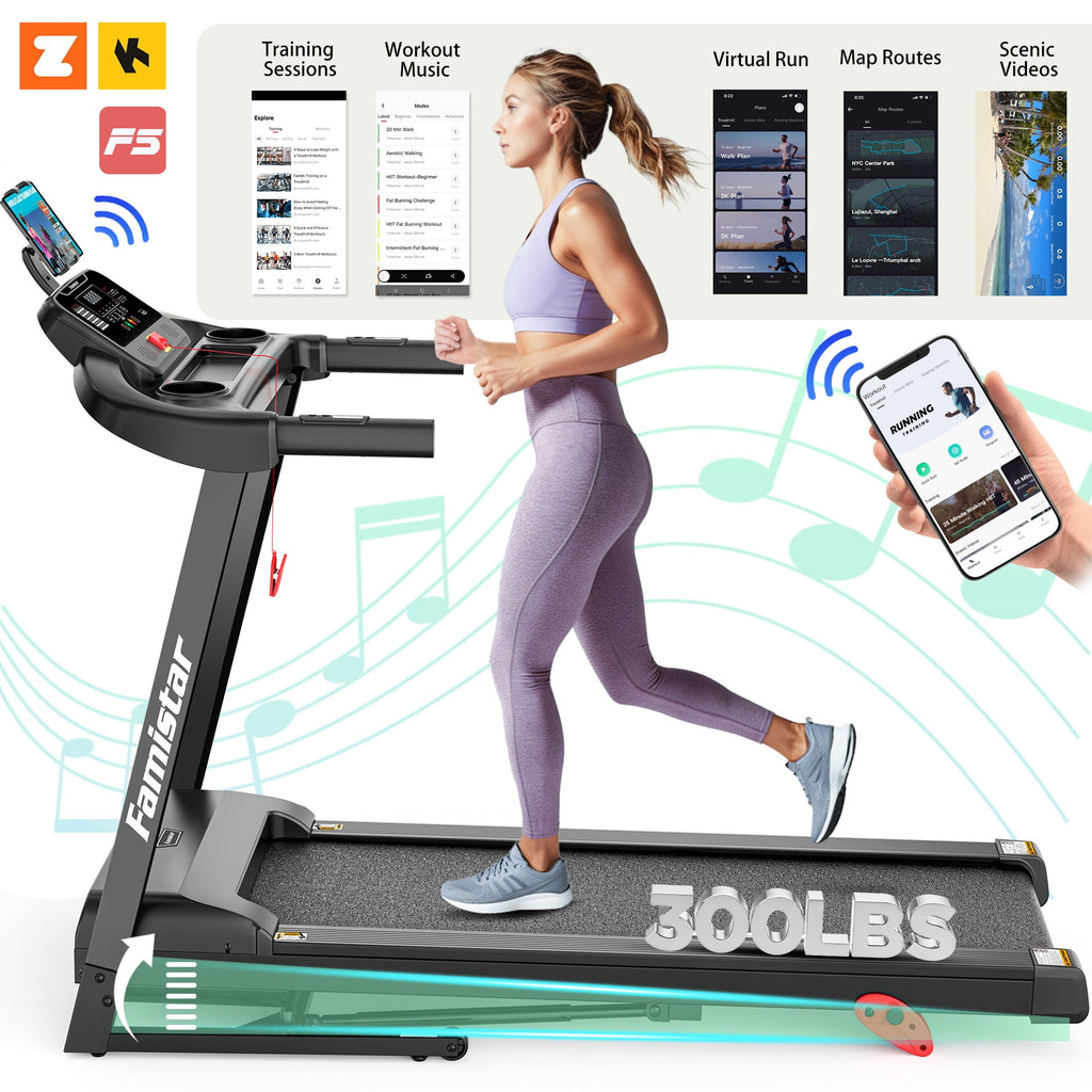 ODYAAZ 3.75HP Folding Treadmill with 300lbs Capacity, 71 Programs Treadmill for Home, 3 Adjustable Incline, 7.5MPH Speed, Intelligent APP control, Silent Brushless Motor, Bluetooth & HiFi Stereo Speakers