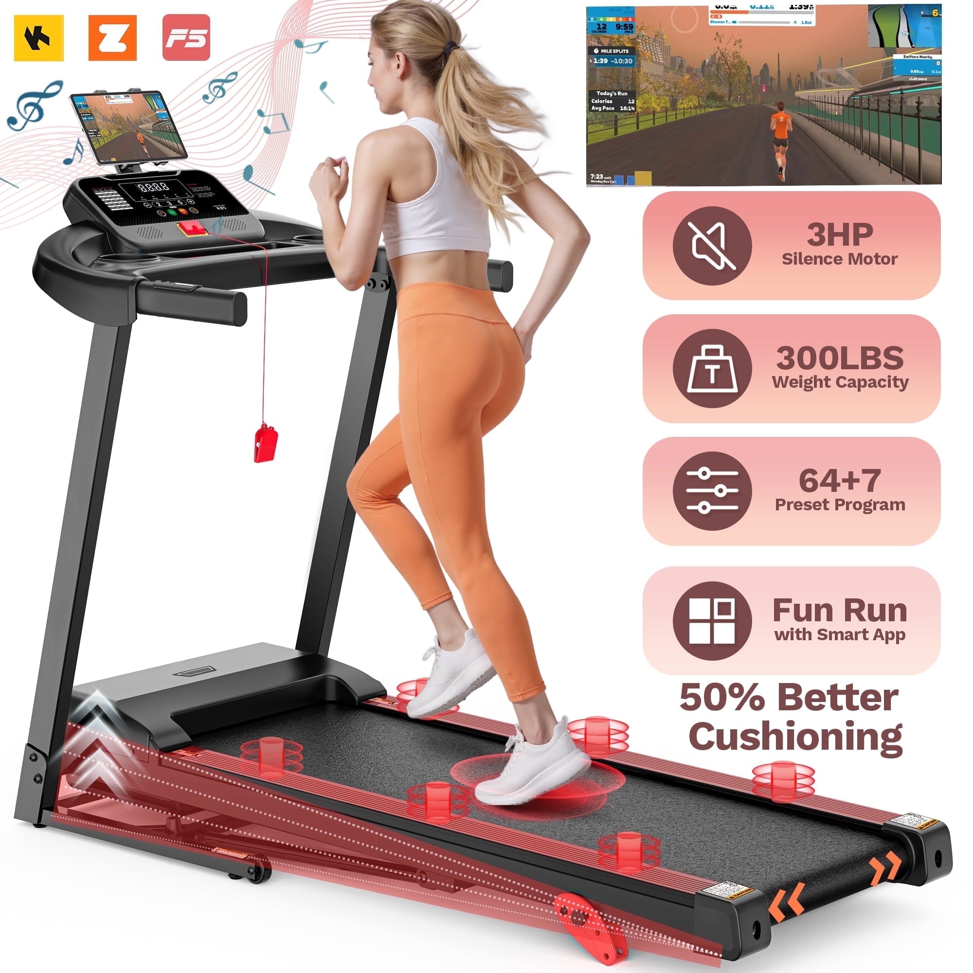 Qvamodo 3HP Folding Treadmill with Incline for Home, 300LBS Capacity Portable Treadmill, Free Training Classes with APP, 64+3+3+1 Program, Air damping System, 7.5MPH Jogging Walking Exercise Machine