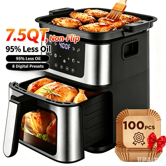 OXIBYPU 2-in-1 Air Fryer Grill Combo, Indoor Grill for Meet, 7.5 QT Capacity, 8 Digital Presets, 95% Less Oil Cooking, Clear Visible Window, Multi-Function Design for Family,Black