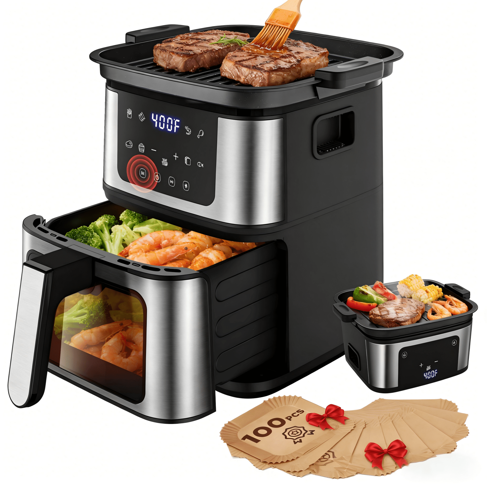 AQUGOKS 2-in-1 Air Fryer Grill Combo with Flip Plate, Viewing Window, 8 Presets, Nonstick Basket, 100 Liners Gift, Healthy Oil-Less Cooking for Family Meals