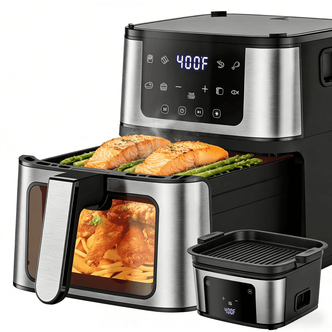 AQUGOKS 2-in-1 Air Fryer with Grill Plate, 7.5Qt Basket, 8 Preset Functions, 360° Air Flow Technology, Non-Stick, 100Pcs Free Paper
