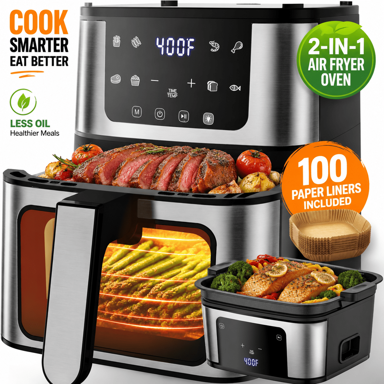 OXIBYPU 2-in-1 Function Air Fryer 7.5QT with Grill Plate & 8 Programs, Fast Hot Air Technology, Timer 1–60 Minutes, Healthy Cooking with Up to 95% Less Oil, Includes 100PCS Free Nonstick Liners Pack