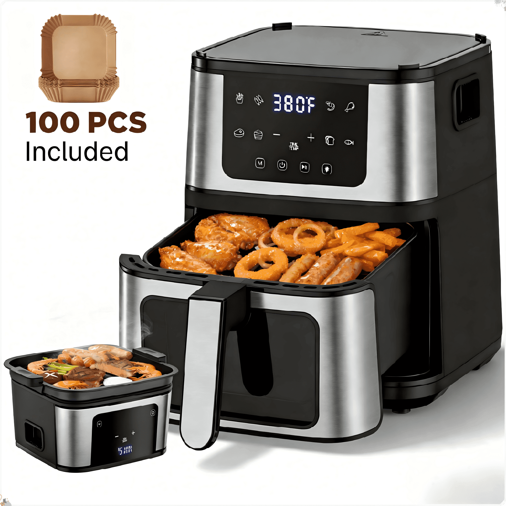 AQUGOKS 2-in-1 Grill & Air Fryer - Digital Touchscreen, 8 Preset Cookings, 95% Less Oil, Nonstick Easy Clean Basket, 100 Pcs Liner