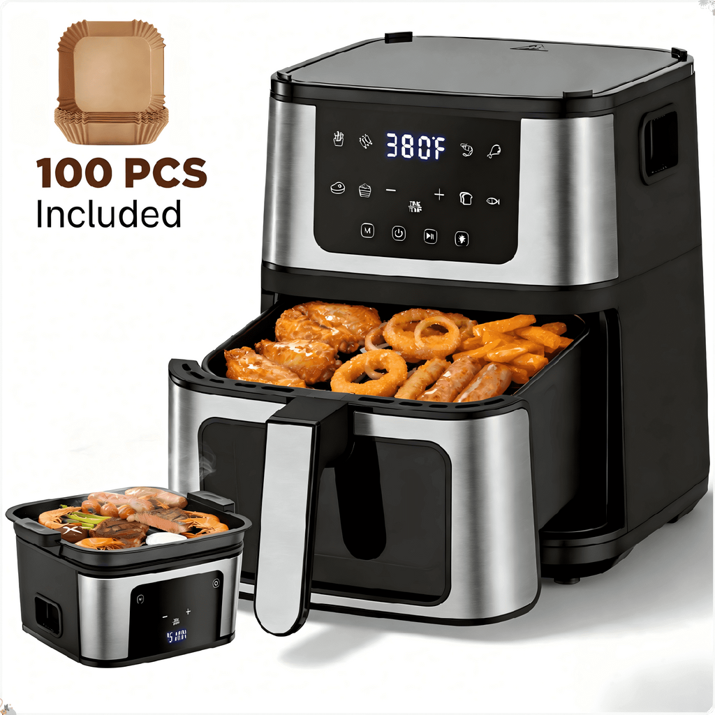 AQUGOKS 2-in-1 Grill & Air Fryer - Digital Touchscreen, 8 Preset Cookings, 95% Less Oil, Nonstick Easy Clean Basket, 100 Pcs Liner