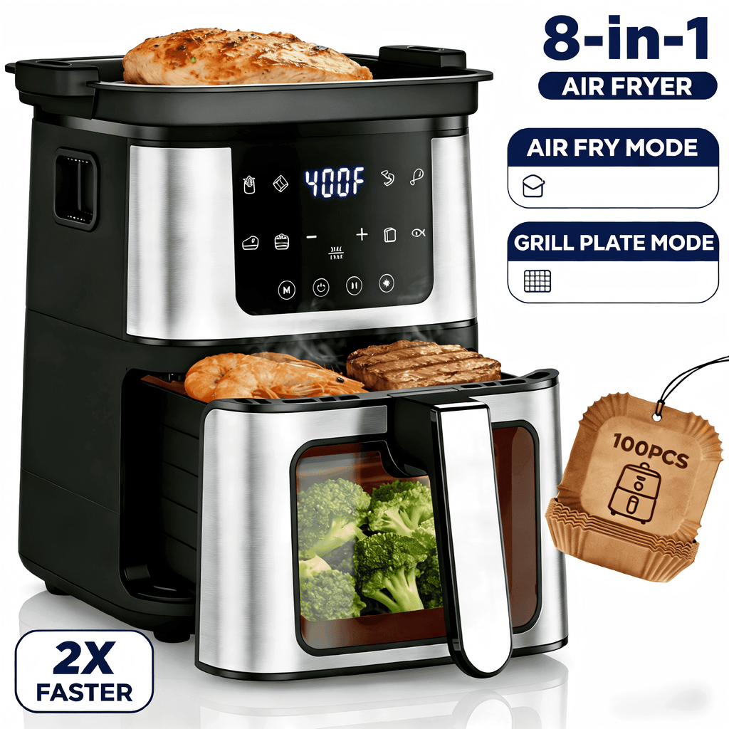 AQUGOKS 2-in-1 Versatility Digital Air Fryer & Grill 2X Faster Cooking, Air Fryer 7.5 QT, Nonstick Basket + 100 Liners, 8 Present Cookings Air Fryer,Black
