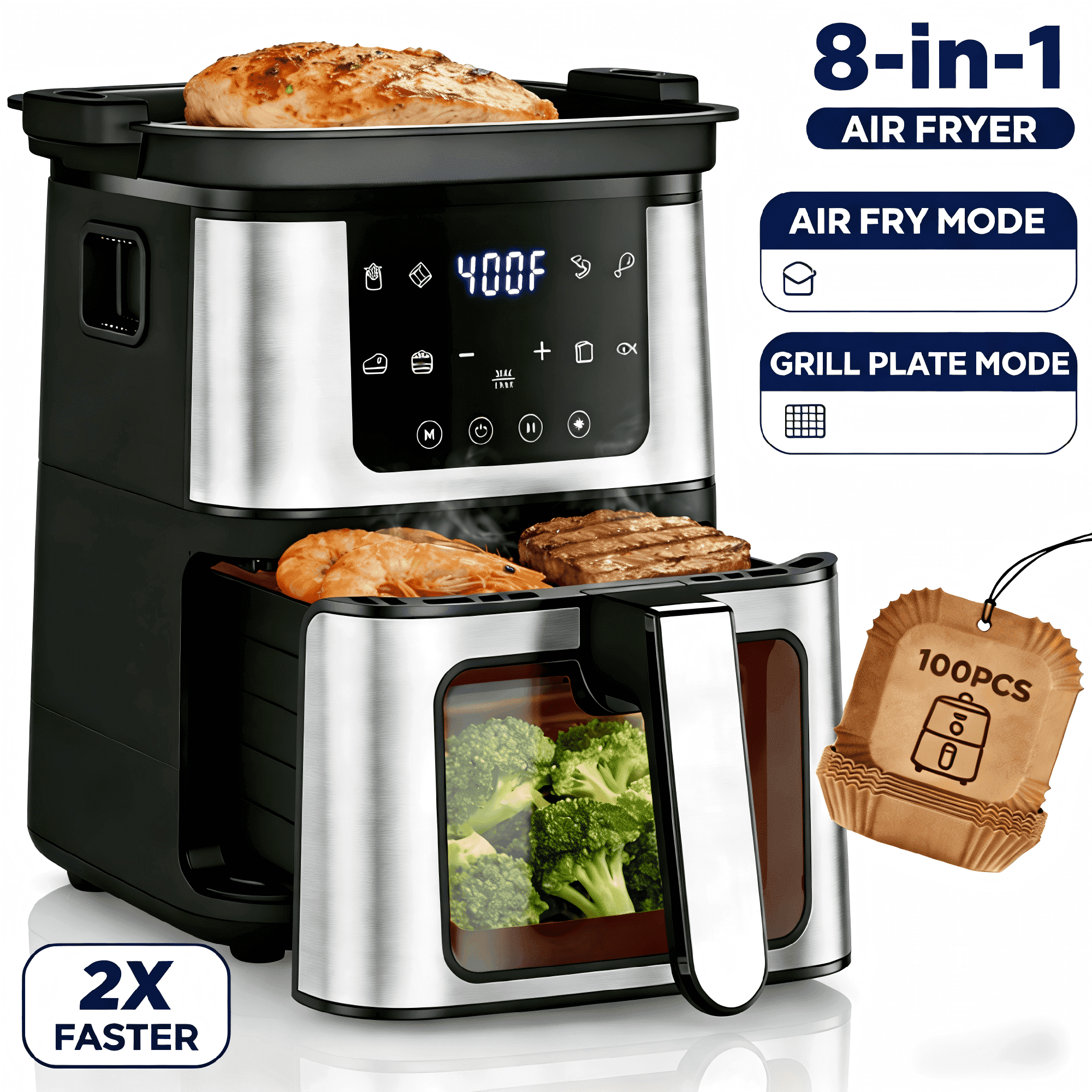 AQUGOKS 2-in-1 Versatility Digital Air Fryer & Grill 2X Faster Cooking, Air Fryer 7.5 QT, Nonstick Basket + 100 Liners, 8 Present Cookings Air Fryer,Black