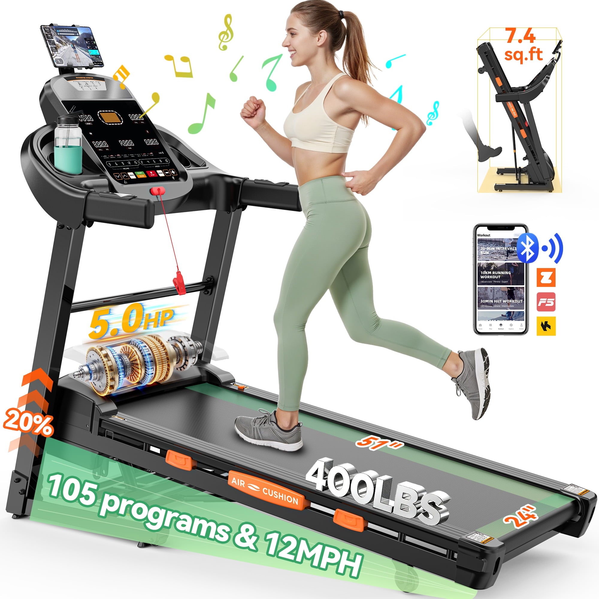 Qvamodo 20% Auto Incline Treadmill 400 lb Capacity, 5HP Folding Treadmill for Home, Portable Running Walking Machine with LCD Display, HiFI Speaker & App, 105 Preset Programs, 12MPH Speed