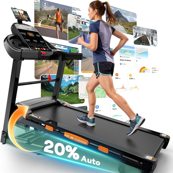 AQUGOKS 20% Auto Incline Treadmills for Home, 5.15HP 12MPH Foldable Walking Running Treadmill with LCD Displays, 95+10 Programs, Portable Treadmill Up to 400LBS Capacity, APP Connection