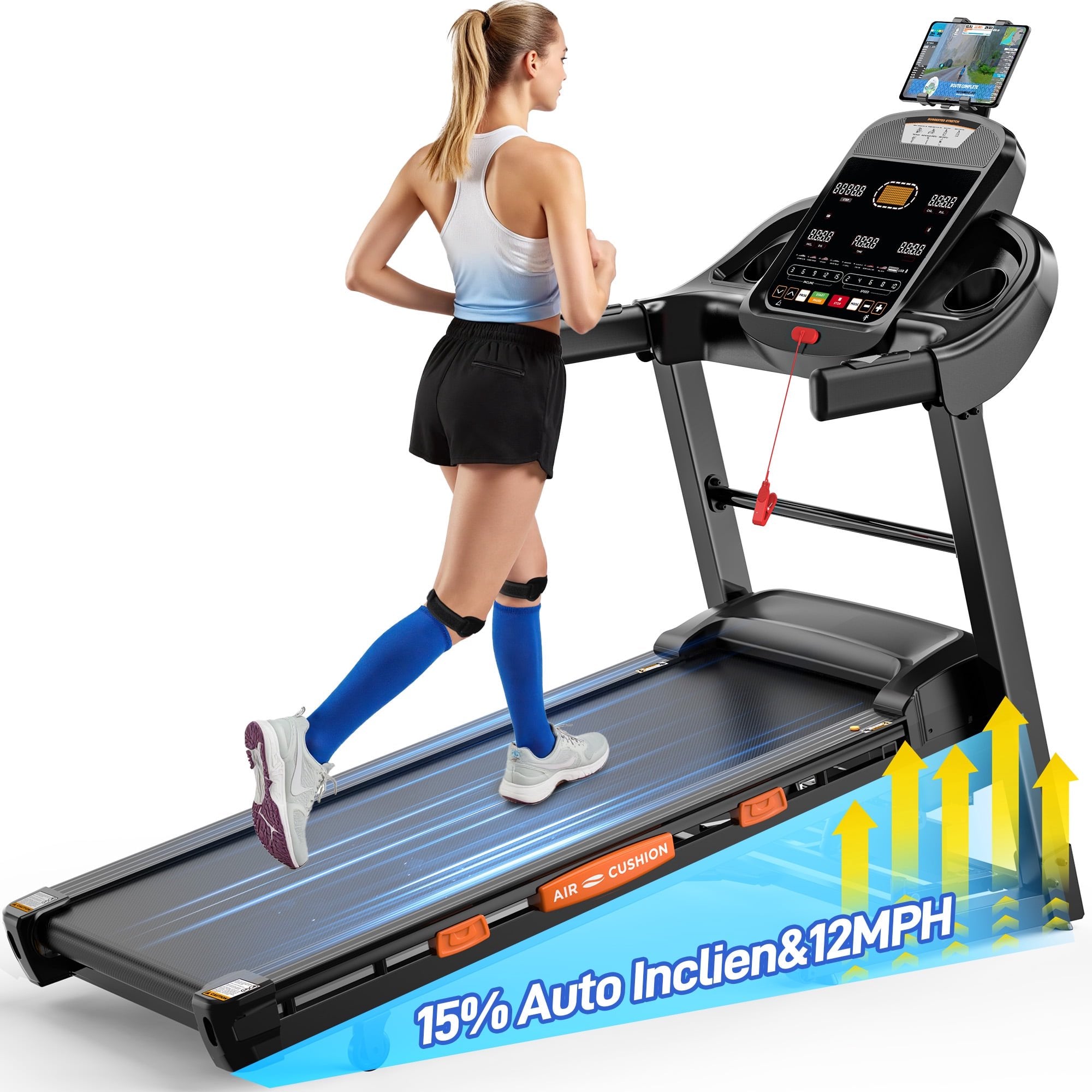 AQUGOKS 20% Incline Treadmill w/ 400lb Capacity, 5HP Folding Portable Treadmill for Home with 12MPH, APP Connection, 105Programs, Jogging Walking Treadmill with Knee Straps Gift