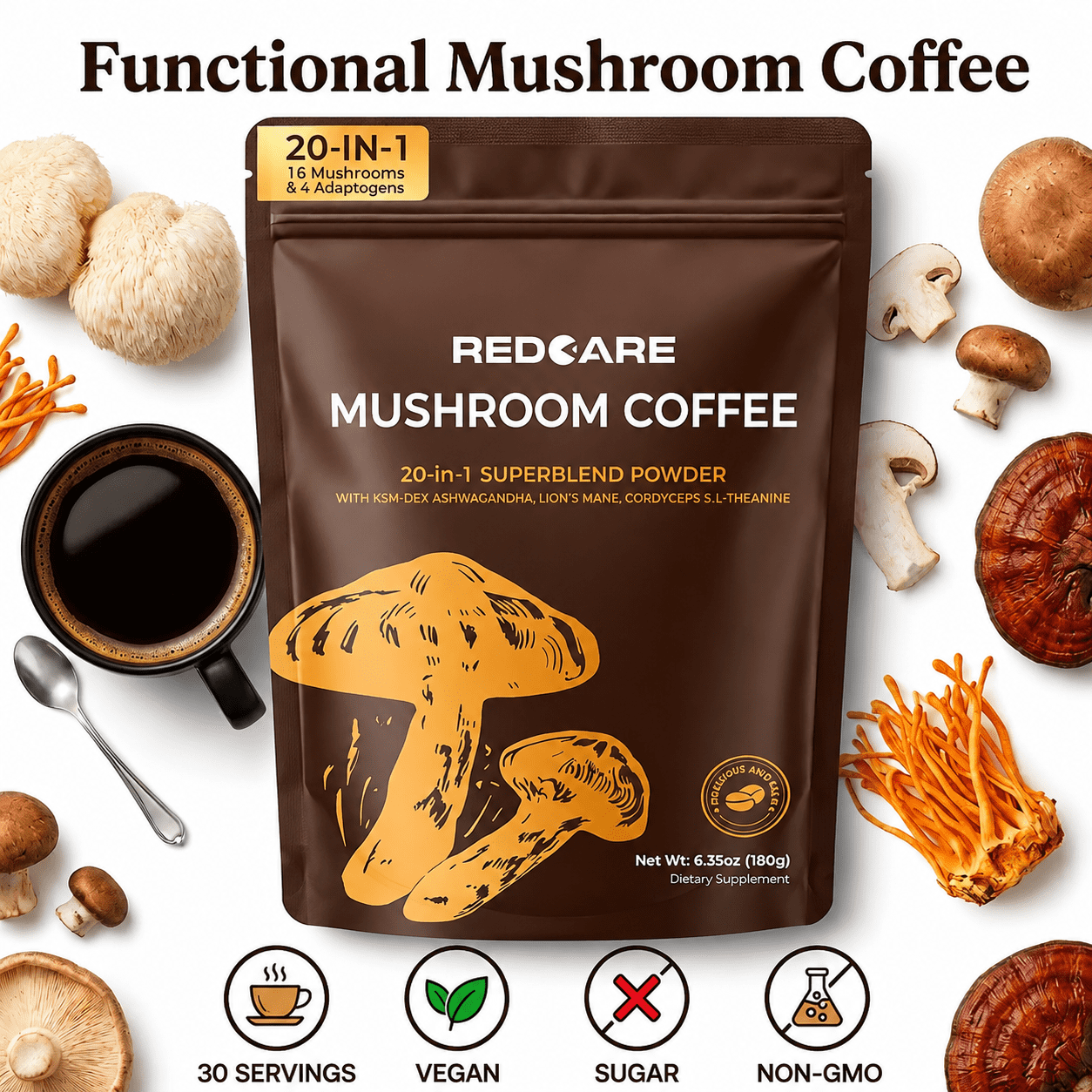 MAJUNES 20-Ingredient Mushroom Coffee Blend, 2000mg Fruiting Body Mushroom Complex, Instant Arabica Coffee with Lion's Mane, Cordyceps, Reishi & Chaga, Vegan Dietary Supplement