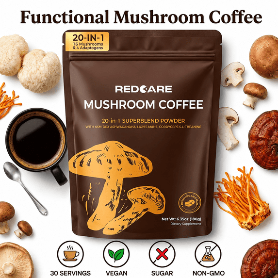 MAJUNES 20-Ingredient Mushroom Arabica Instant Coffee, 2000mg Fruiting Body Mushroom Blend, Low Acid Jitter-Free Vegan Coffee for Daily Wellness