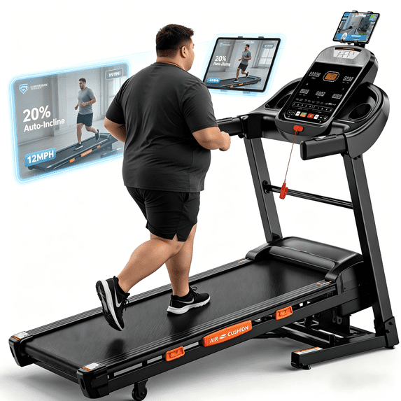 AQUGOKS 20-Level Auto Incline & 12 MPH Max Speed, Upgraded Multifunctional Display, Oversized Frame, Wide Running Belt, Hydraulic Fold, 400 LBS Load, Bluetooth & Step Counter