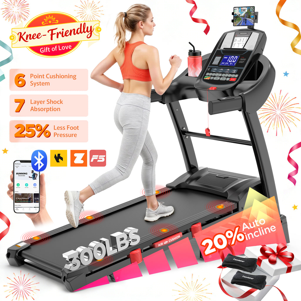 Folding Treadmill for Home with 5HP Motor, 20% Adjustable Incline, APP Control, 71 Programs, LCD Display, 300 lbs Capacity, Bluetooth Speakers, Running Walking Jogging, Knee Straps Gift