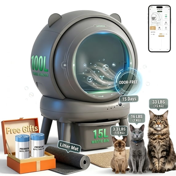 Qvamodo 2026 Upgraded Automatic Cat Litter Box 2-Way Odor Remover & 100 Trash Bags,App Control, Self-Cleaning Cat Litter Box for Multiple Cats, True Integration & Structure Safety