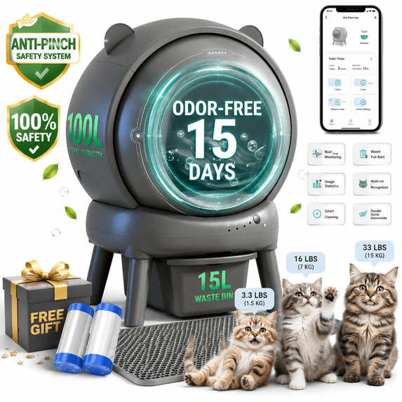 Qvamodo 2026 Upgraded Automatic Cat Litter Box 2-Way Odor Remover,Self-Cleaning Litter Box for Multiple Cats, 40 Trash Bags & App Control, True Integration & Structure Safety