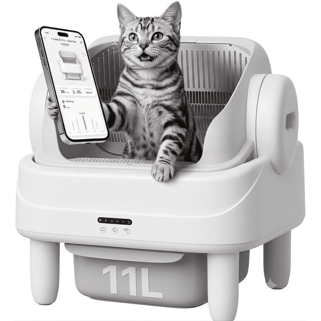 Campmoy 2026 Upgragded Self Cleaning Litter Box,Open Top Automatic Litter Box with App Control for Multiple Cats, Safety Sensors Protection, 3-Layer Odor Control,11L Large Waste Bin, Includes 2 roll Liners