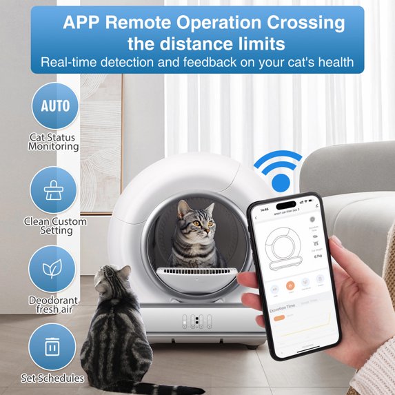 Campmoy Automatic Self-Cleaning Cat Litter Box, 360° Protection System, APP Remote Control, 65L+9L Capacity, Low Noise Cat Litter Container