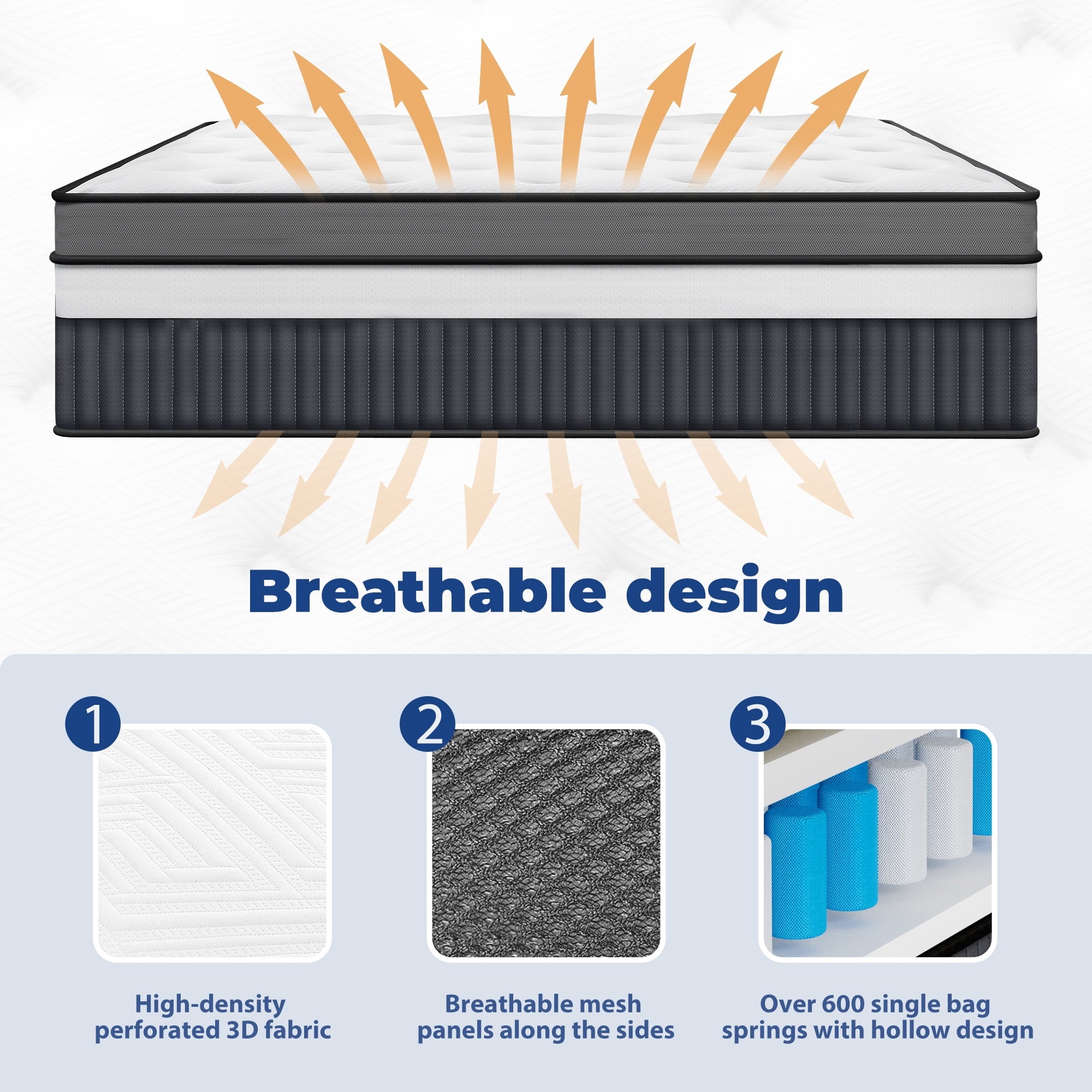 ODYAAZ Queen Size Mattress, 14 Inch Memory Foam Hybrid Mattress in a Box, Breathable Bed Mattress for Cooler Sleep Supportive & Pressure Relief, Medium Firm Feel