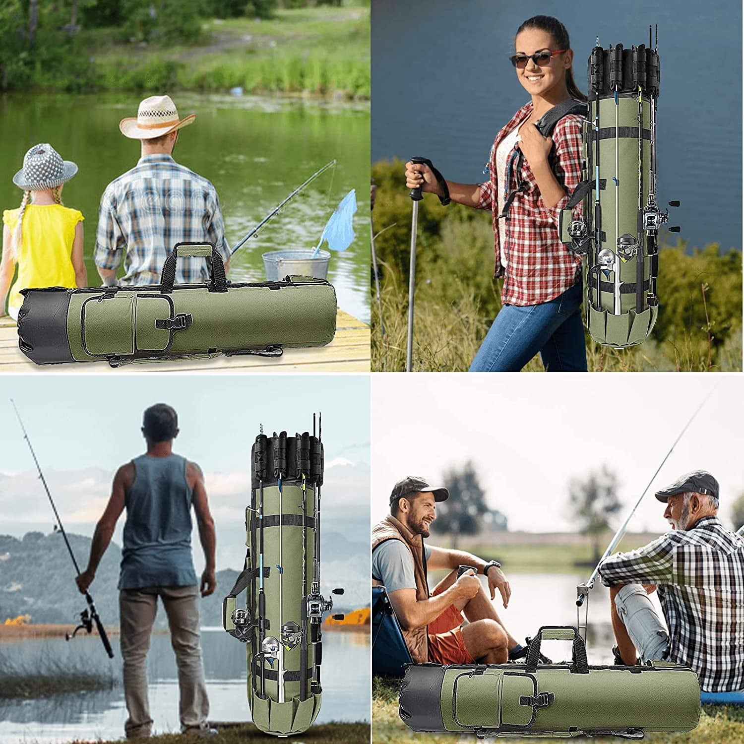 MAJUNES Fishing Bag, Durable Canvas Fishing Rod Bag, Fishing Rod Case Holds 5 Poles and Tackle, Green