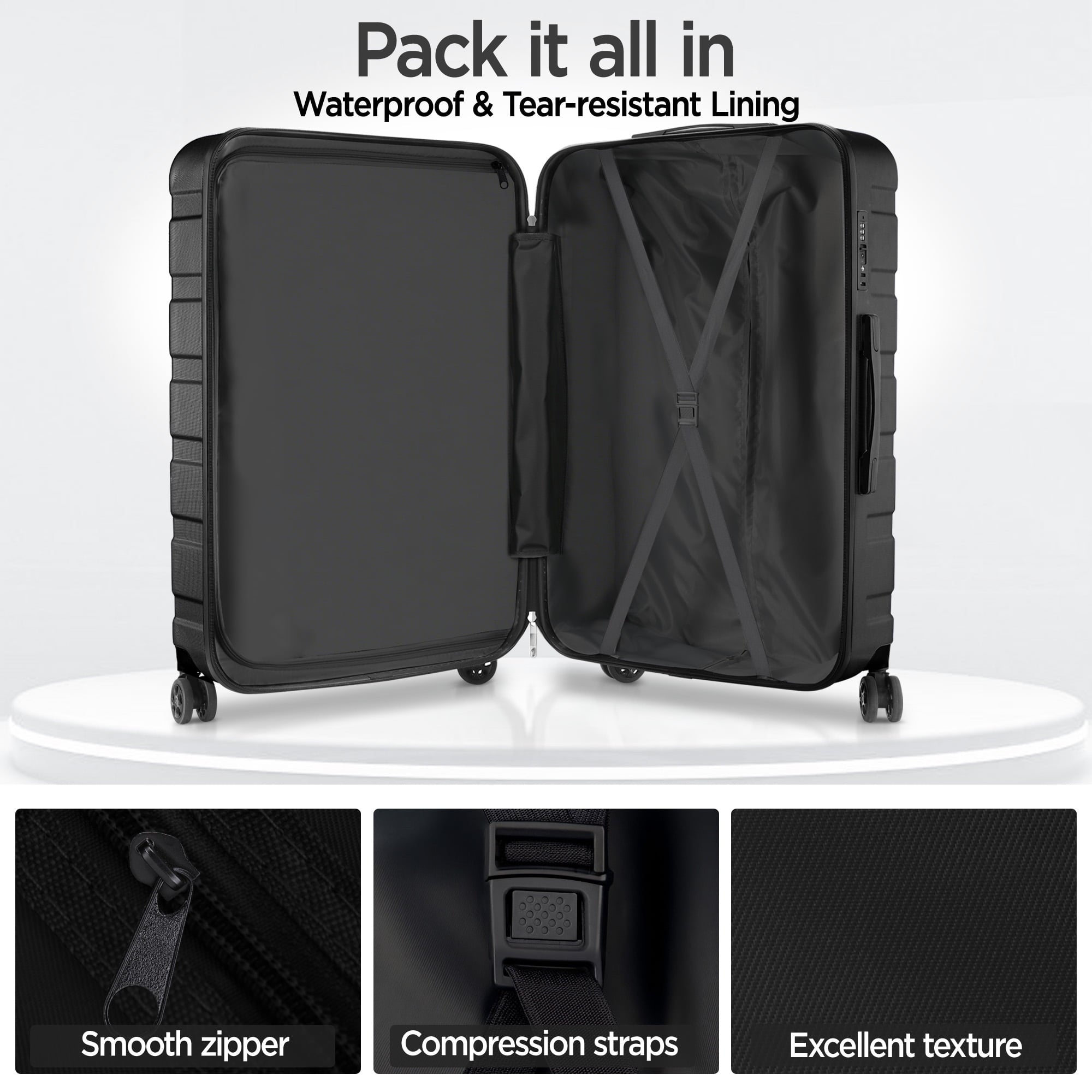 WNANEEZ 11 Pcs Hardshell Luggage Set, Includes 20" Carry-On, 24" & 28" Checked Suitcases, with Smooth Spinner Wheels, Black