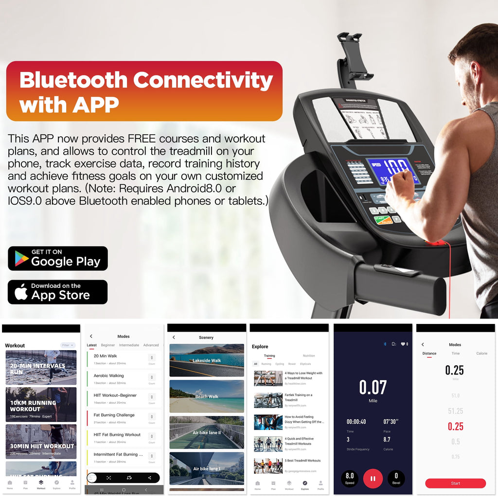 Qvamodo 4.8 HP Portable Folding Treadmill with APP Control,300-400lbs Folding Treadmill with Incline\Free Courses\Bluetooth Speakers\LED Display\71 Programs for Home & Office Use, 12MPH/h, Knee Straps Bonus