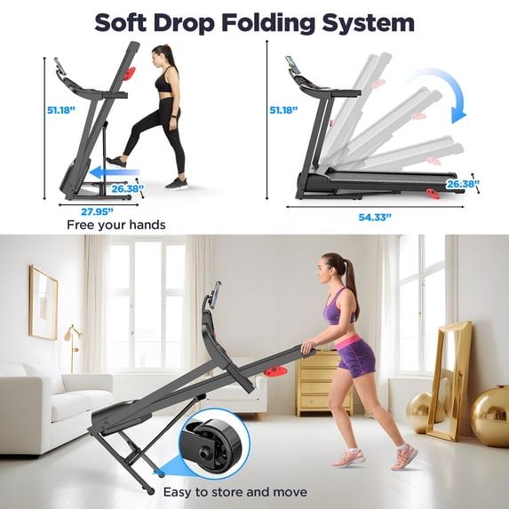 Qvamodo 3HP Folding Treadmill for Home, 9% Manual Incline, 64 Programs, Smart App Control, 300 lbs Capacity, Quiet & Shock Absorption
