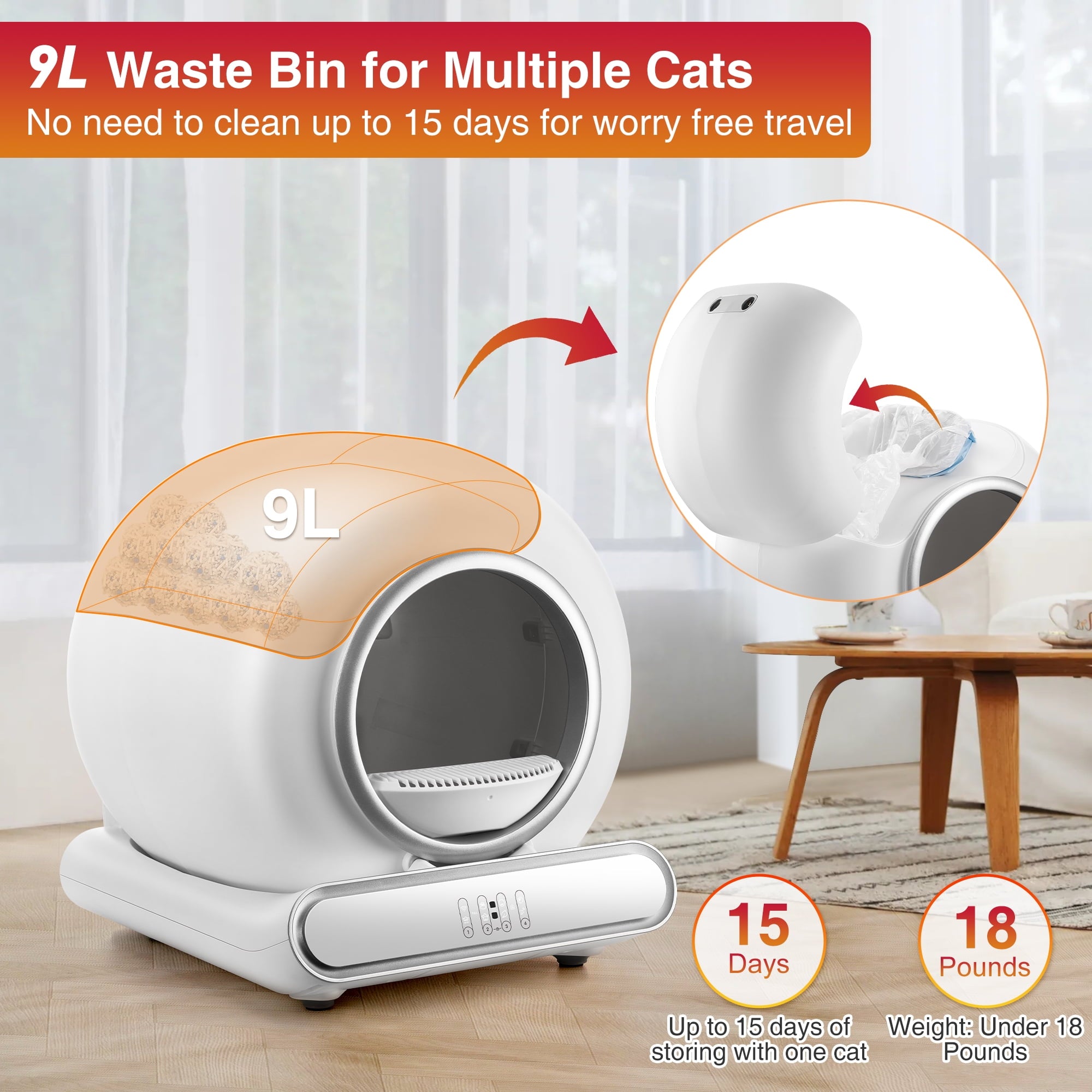 Campmoy Automatic Litter Box for Multi Cats, Self Cleaning Litter Box, APP Control + Panel Control, Anti-Pinch Safety Design, 74 Large Capacity, Odor Control, Quiet Operation, 2 Roll Liners