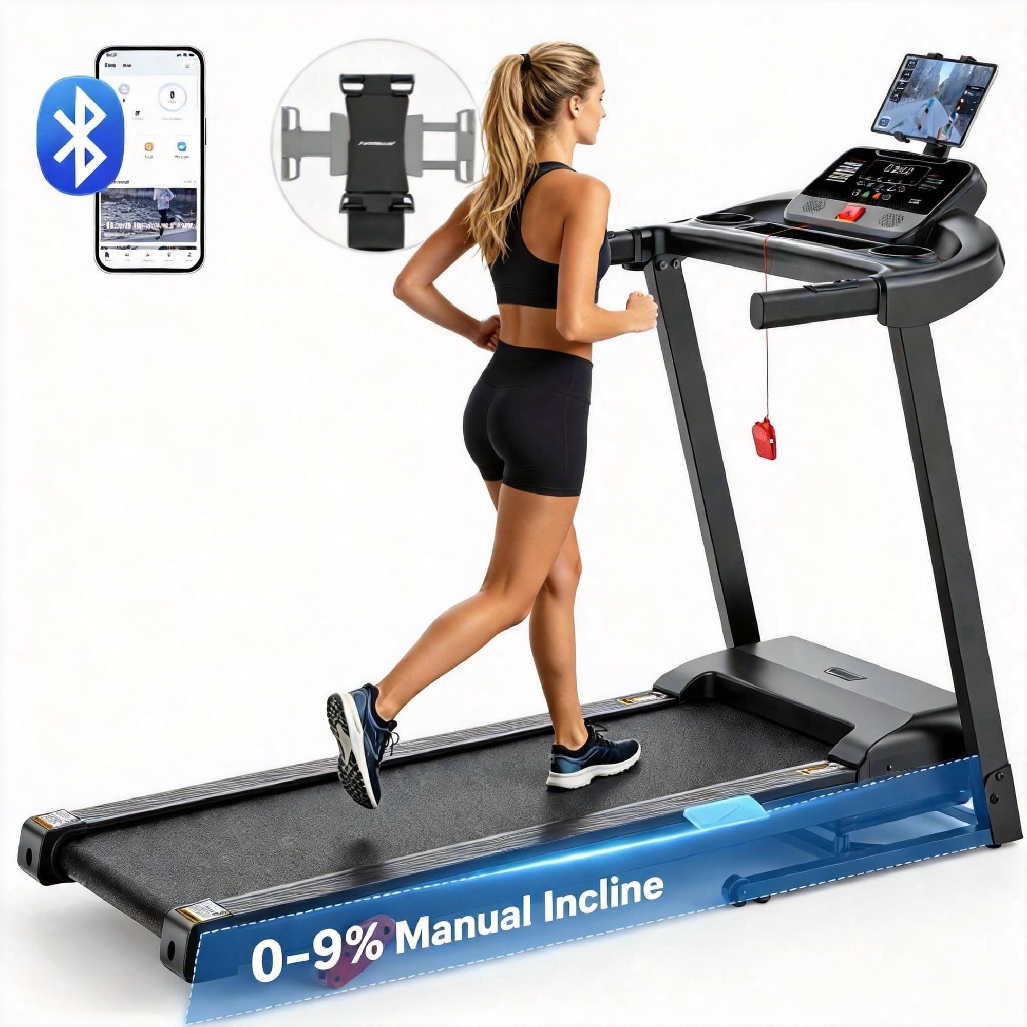 ODYAAZ 3.5 HP Incline Treadmill for Home, 300 lbs Capacity, Portable Folding Treadmill with Incline, Bluetooth Speaker, 7.5 MPH, Compact Design with LED Display