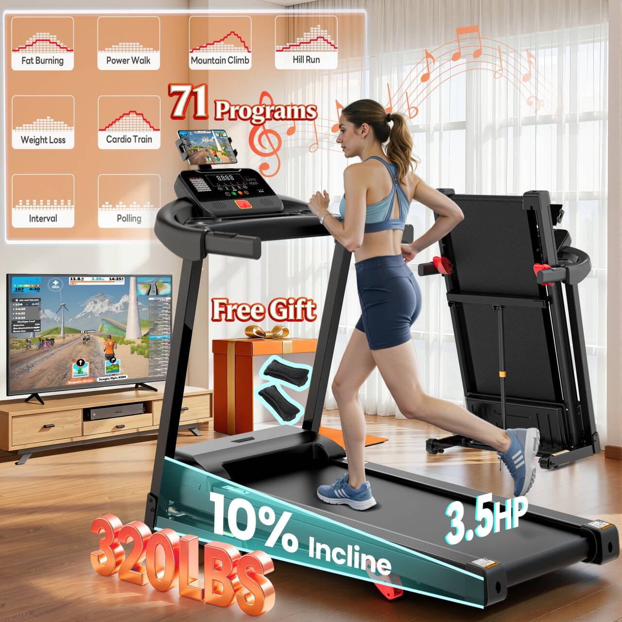 Famistar 3.55HP Treadmill with 10% Incline 320lb Capacity, Foldable Home 7.5MPH Treadmill, 64+6+1 Smart Program, APP Control with Free Course, Jogging Walking Treadmill w/ Free Knee Pads