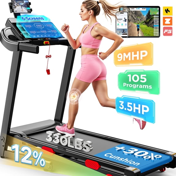 Campmoy 3.65HP 9MPH Treadmill for Home, 330LBS Capacity, Folding Treadmill w/ Incline & 105 Programs, Virtual Run with APP Control, Air damping System, Portable Exercise Equipment for Jogging Walking