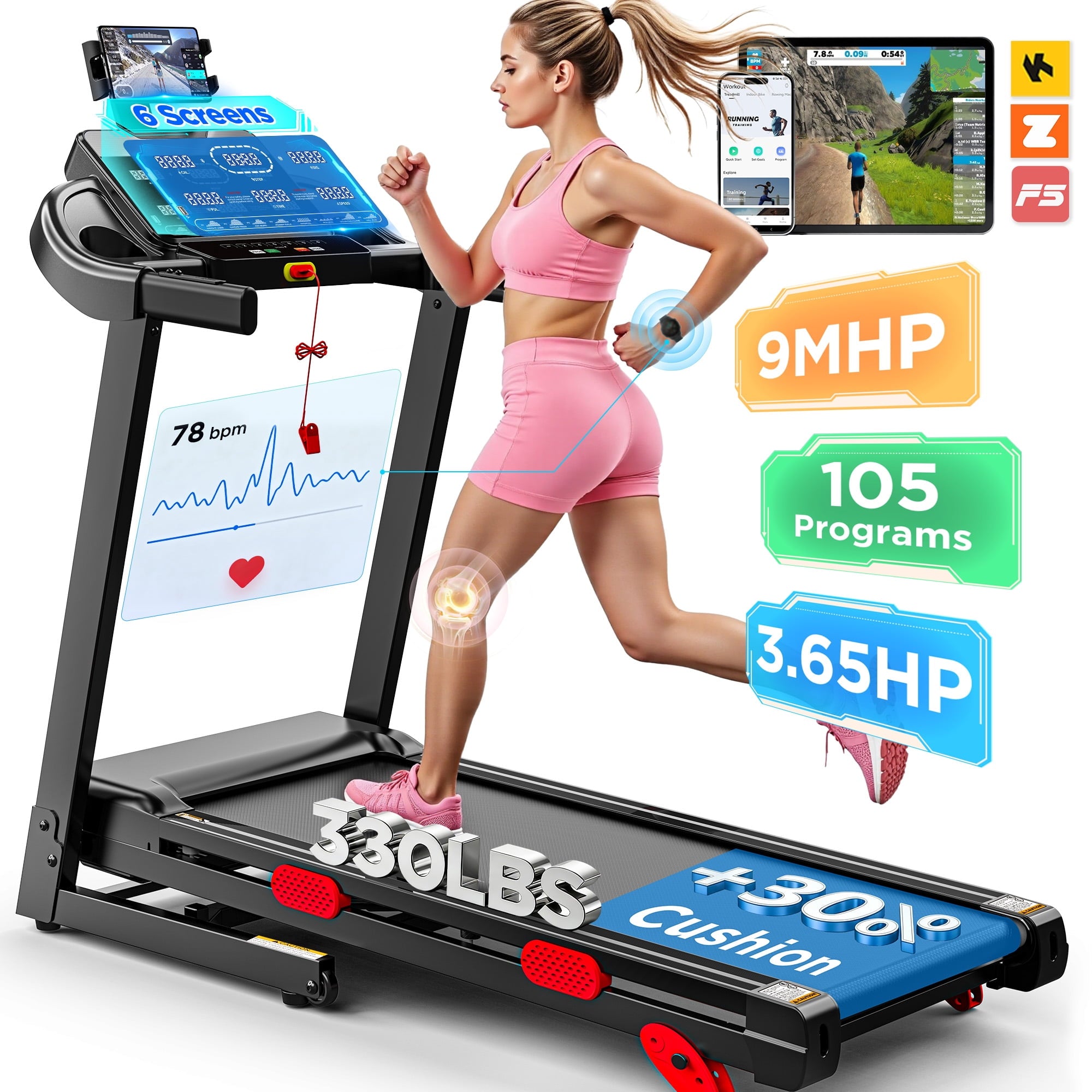 Campmoy 3.65HP 9MPH Treadmill for Home, 330LBS Capacity, Folding Treadmill w/ Incline & 105 Programs, Virtual Run with APP Control, Air damping System, Portable Exercise Equipment for Jogging Walking