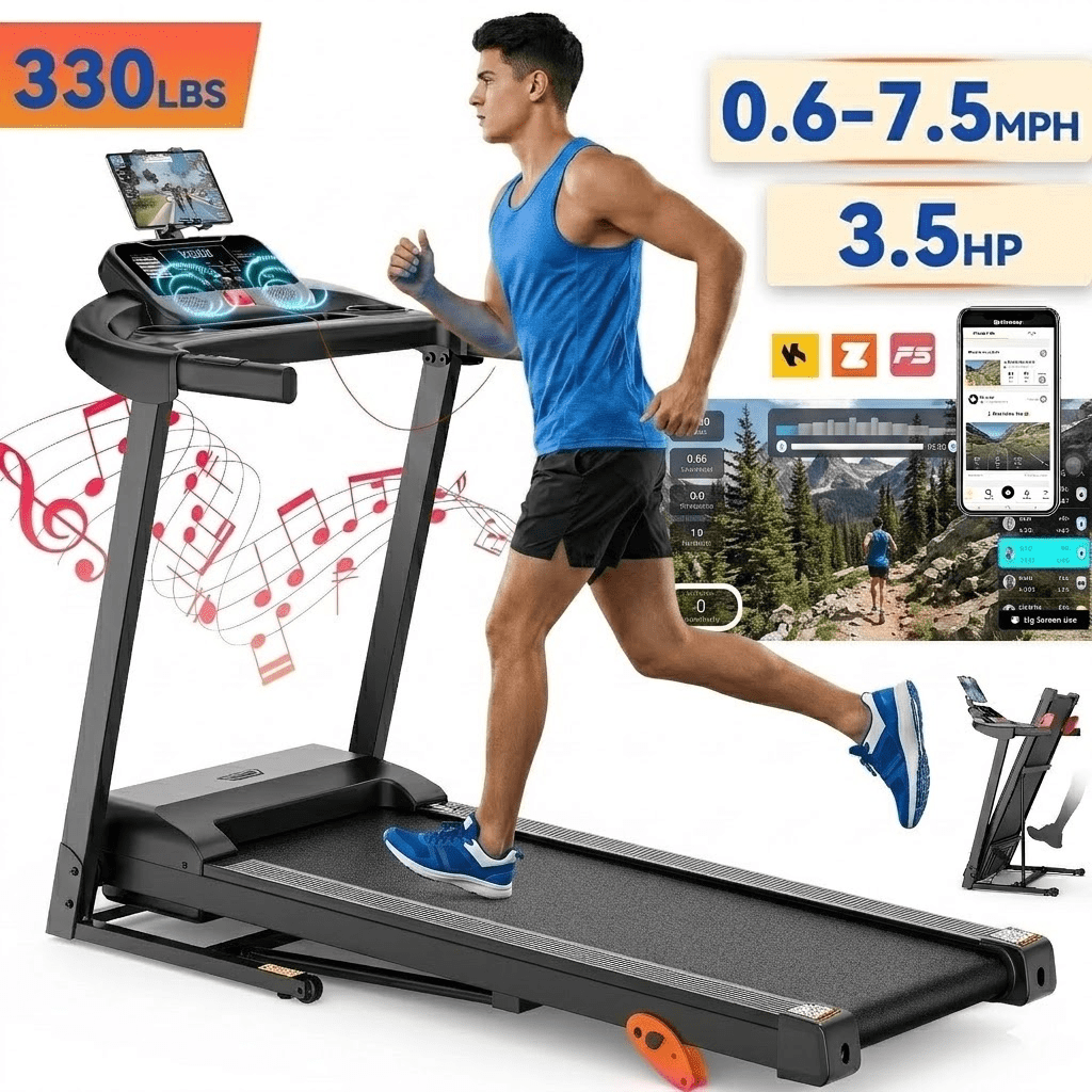 Qvamodo 3.5HP Folding Treadmill with 3-Level Manual Incline, 7.5MPH Speed and 330lbs Load, Bluetooth Speaker, Smart App Control Shock Absorbing Running Machine for Home Office