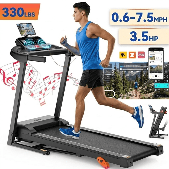 Qvamodo 3.5HP Folding Treadmill with 3-Level Manual Incline, 7.5MPH Speed and 330lbs Load, Bluetooth Speaker, Smart App Control Shock Absorbing Running Machine for Home Office