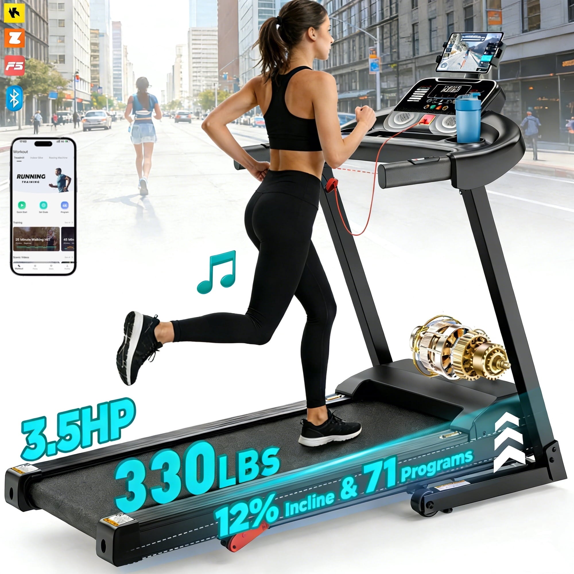 FaayFian 3.5HP Folding Treadmill, 300-400lb Capacity, 12% Incline Treadmills for Home Running and Walking Max 7.5MPH Speed, Foldable Treadmill Running Machine with APP & Bluetooth