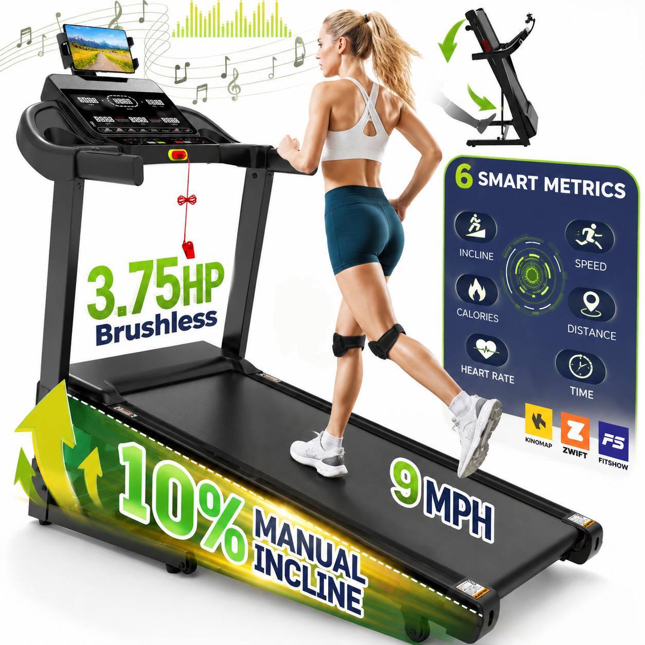 OXIBYPU 3.75 HP Foldable Electric Treadmill for Home, Portable Treadmill with Incline for Running Exercise, 300 lb Capacity, Speed 0.6–9 MPH, Compact Design,6-Layer Shock-Absorbing Running Belt for Home Gym