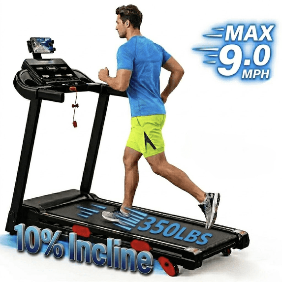 Qvamodo 3.75HP Folding Treadmill for Home with 3-Level Manual Incline, 9 MPH Speed, 350LBS Capacity, 105 Programs & FitShow App, Bluetooth Speakers, LED Display