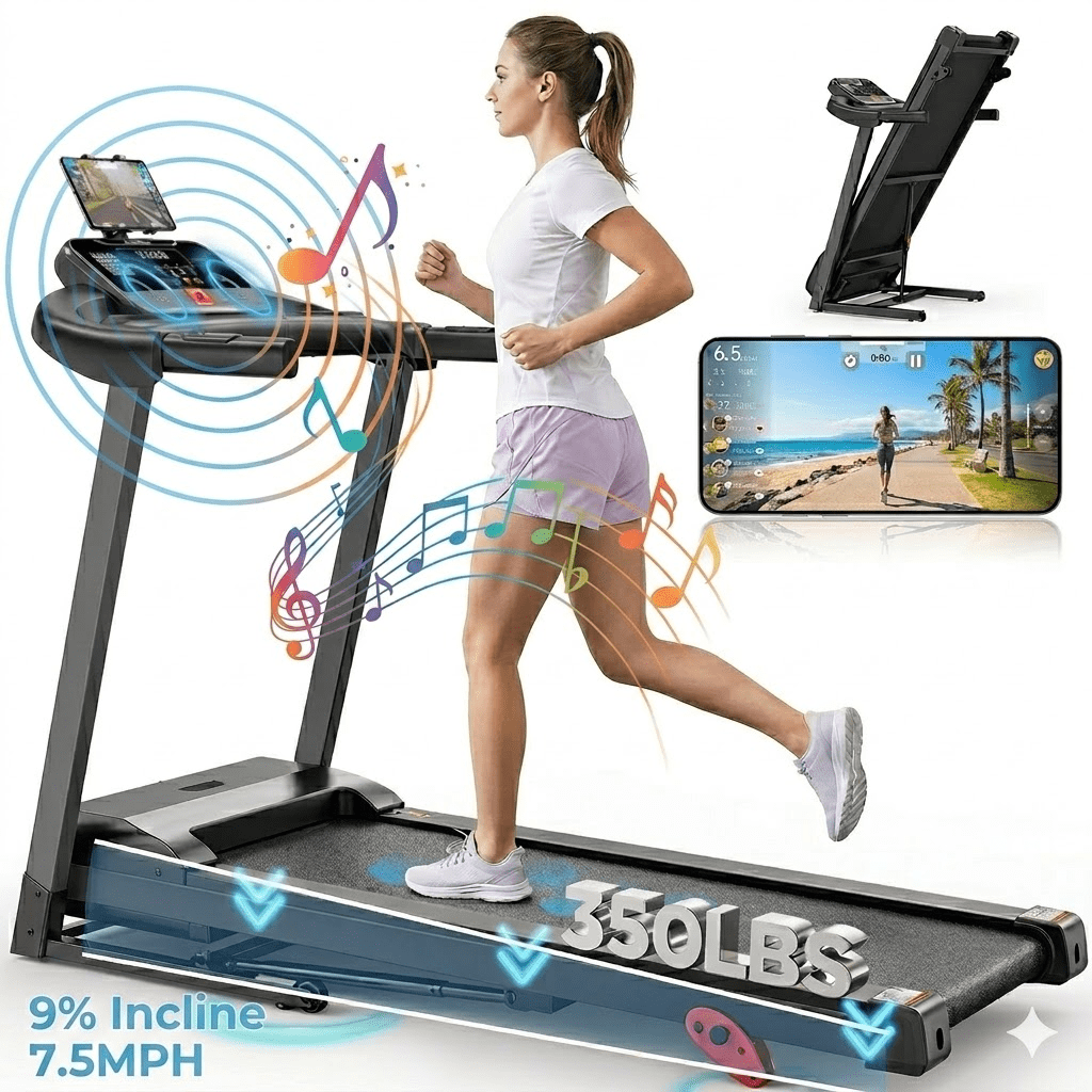 WNANEEZ 3.75HP Folding Treadmill for Home with 9% Incline, 7.5 MPH Max Speed, 350 lbs Capacity, Bluetooth Speaker & APP Control, Shock Absorption Running Belt