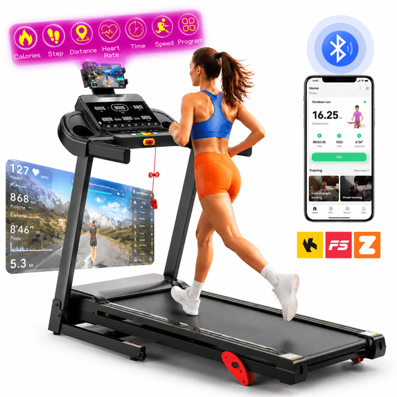 OXIBYPU 3.75HP Folding Treadmill for Home with Incline, Portable Exercise Treadmill, 9MPH Speed with 105 Programs, Smart APP Control, Treadmill 300lb Capacity, Shock Absorbing Running Belt, Knee Strap Gift